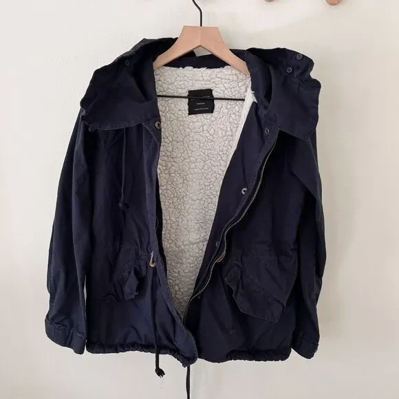 Love Tree Sherpa Lined 100% Cotton Navy Hooded Utility Jacket - Medium - Picture 8 of 10